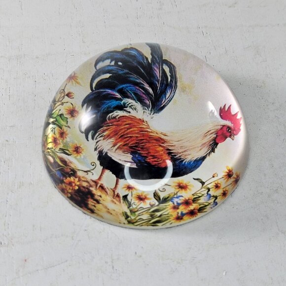 Decorative Glass Dome Paperweight Chicken Rooster Illustration Yellow Flowers - Picture 5 of 8